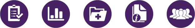 A row of icons: a clipboard, a bar chart, a folder for medical information, some documents, and a group of people